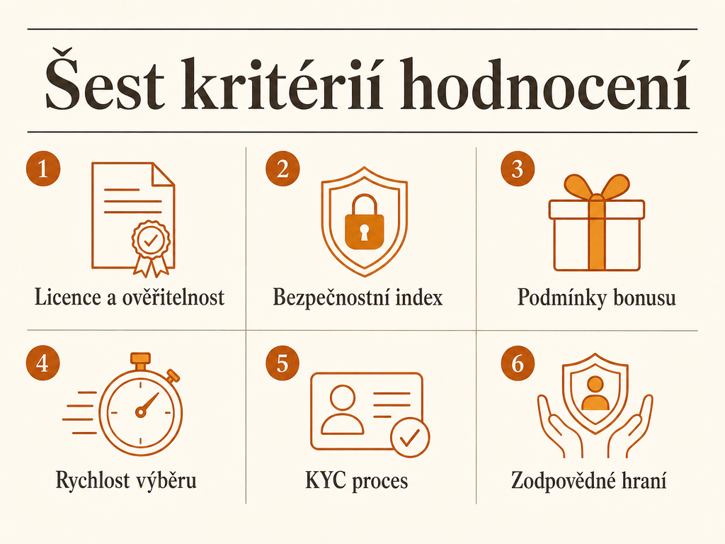 Šest kritérií hodnocení: licence a ověřitelnost, bezpečnostní index, podmínky bonusu, rychlost výběru, KYC proces a zodpovědné hraní